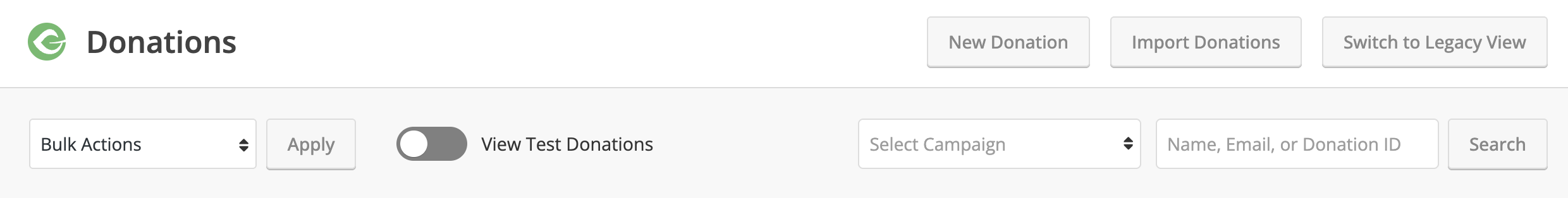 Top of the screen for GiveWP - Donations showing the Switch to Legacy View button location