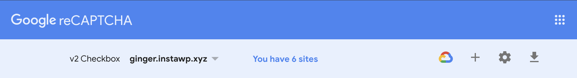 Top of the Google reCAPTCHA admin page where you can create a V2 key or retrieve an existing one