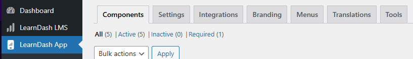 Screenshot of Components Menu