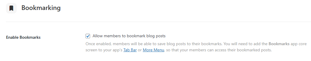 Screenshot of toggle option to allow members to bookmark blog posts