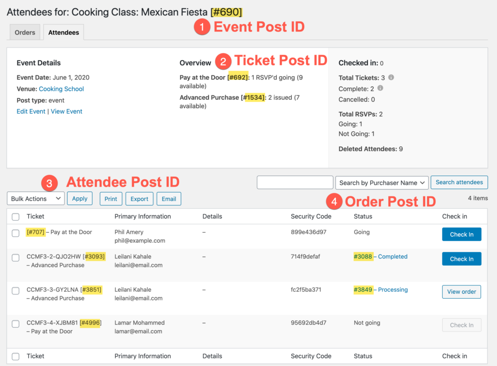 The attendee reports page with the event post ID highlighted