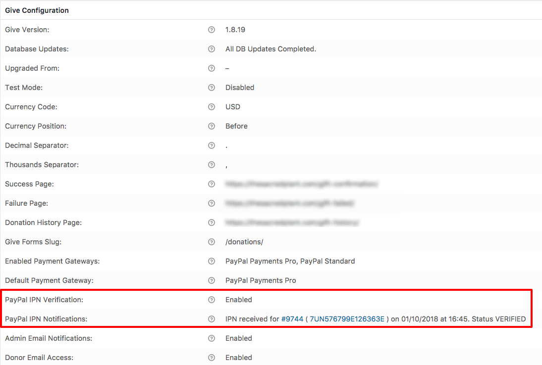 PayPal IPN Verification details in System Info