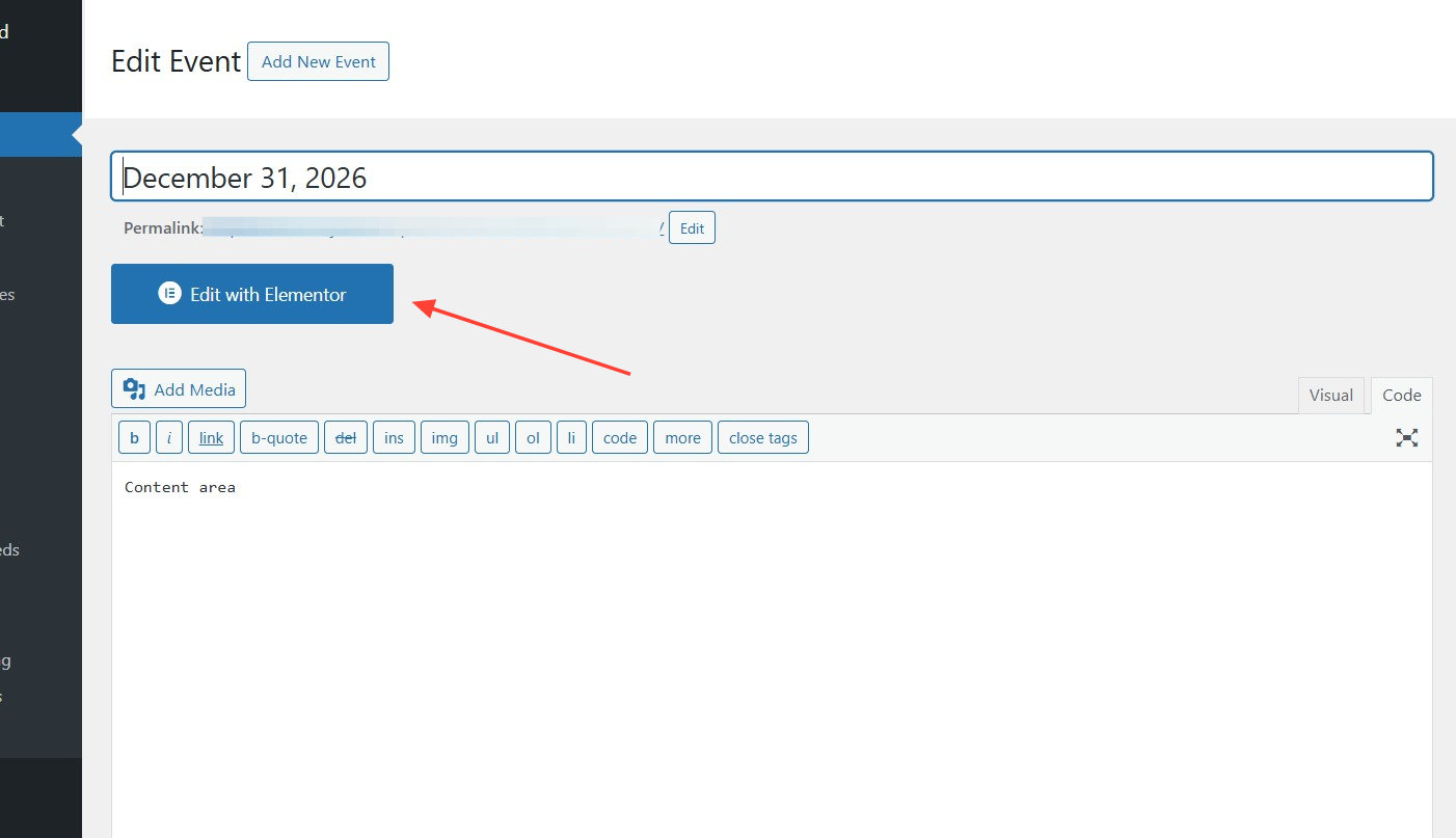 Edit with Elementor button on the Edit Event page