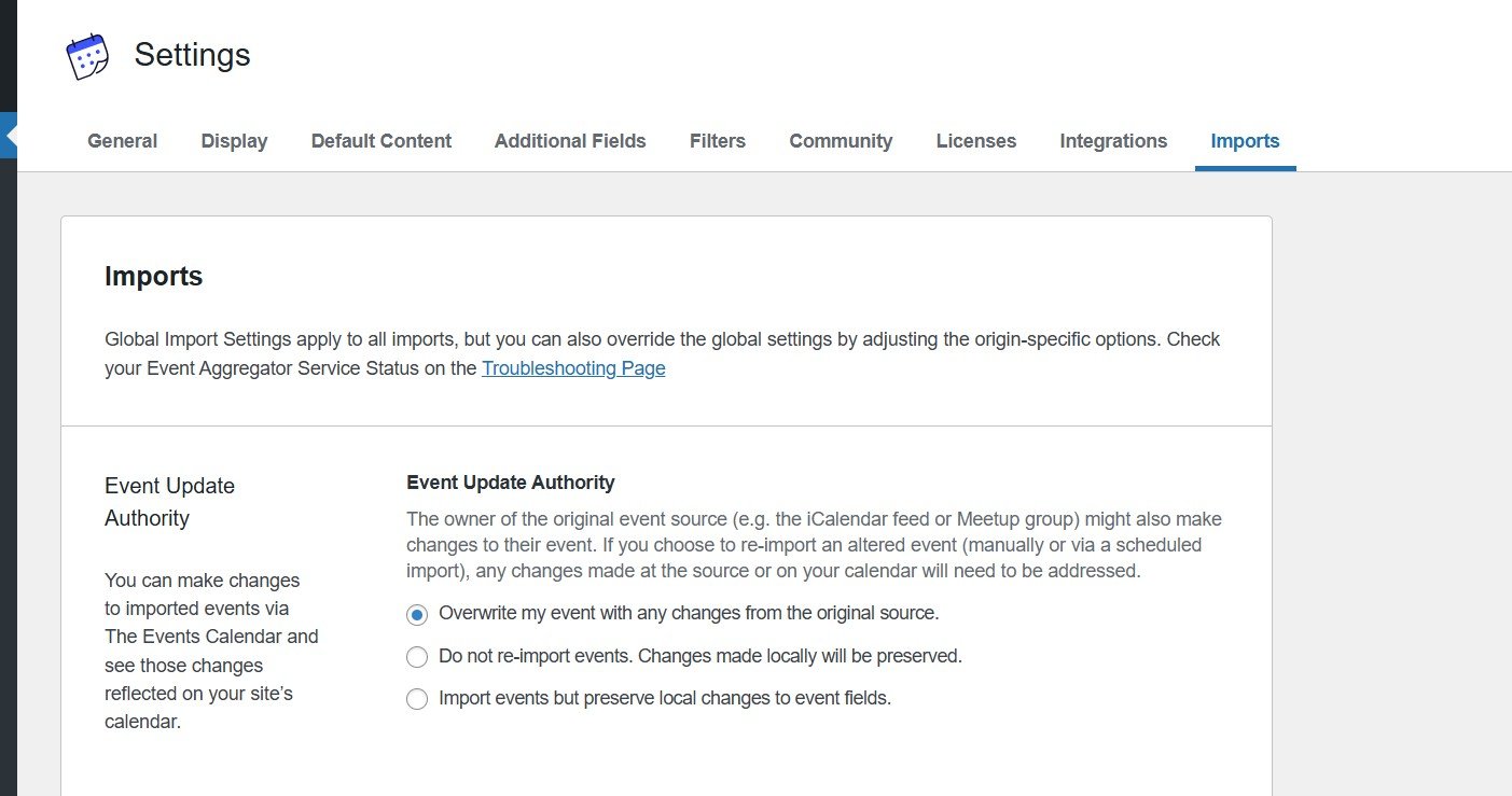 Event Update Authority settings in Events > Settings > Imports
