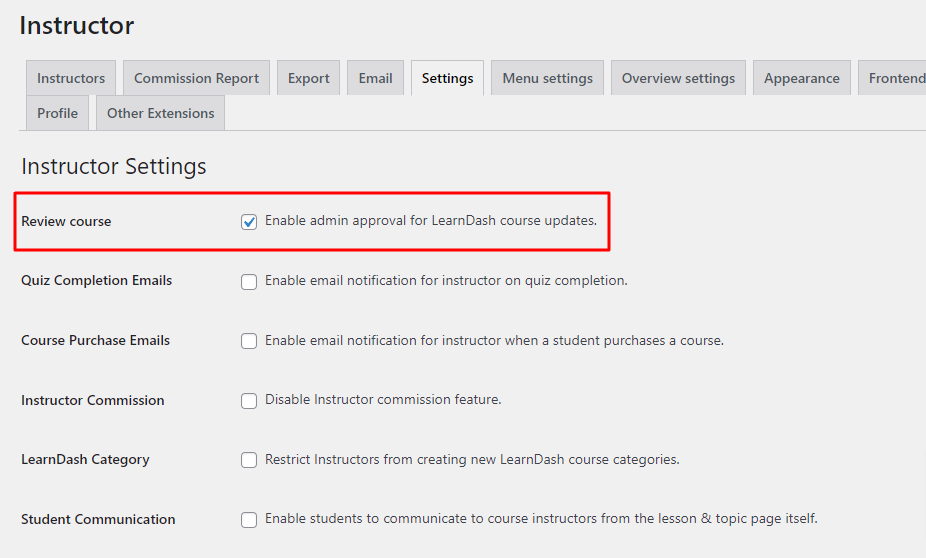 Instructor Course Review Settings