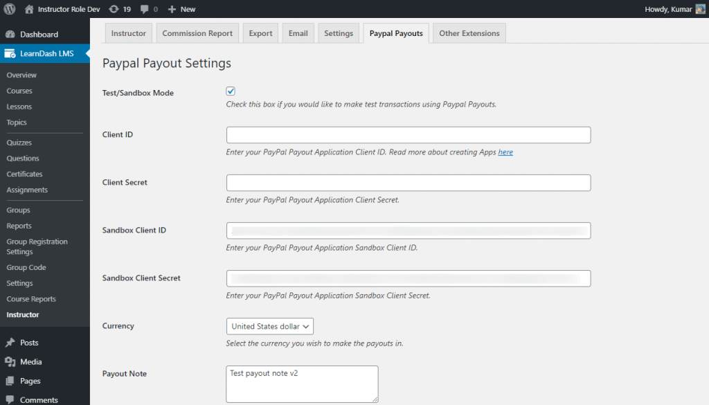 Instructor Payout Settings