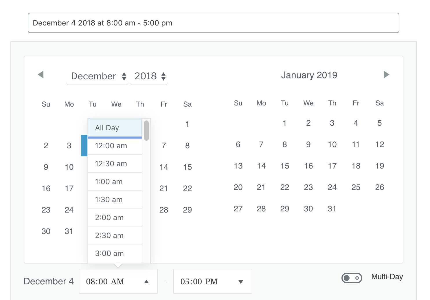 The Event Date Time block configured for an all-day event