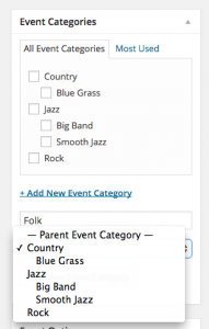 Hierarchical event categories showing subcategories nested under a parent category