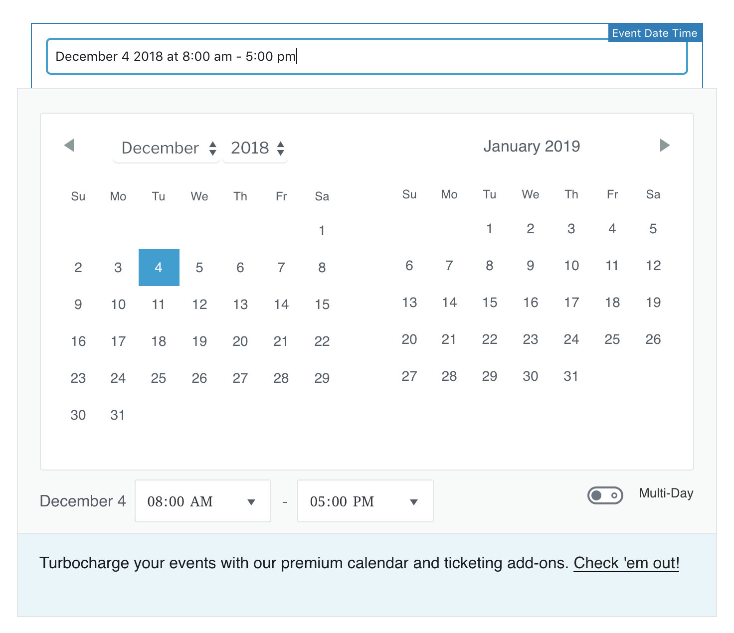 The Event Date Time block in the editor showing date and time fields