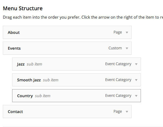 Adding event categories to a navigation menu in the WordPress Menu Editor