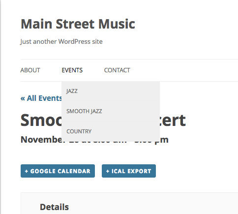 Event category links displayed in a site navigation menu on the frontend