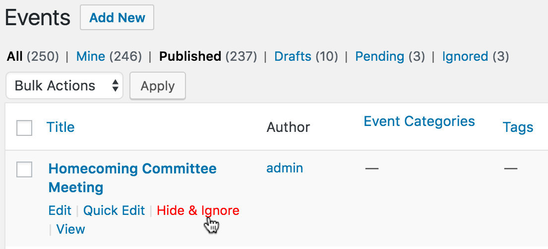 Ignoring a single event from the events admin list