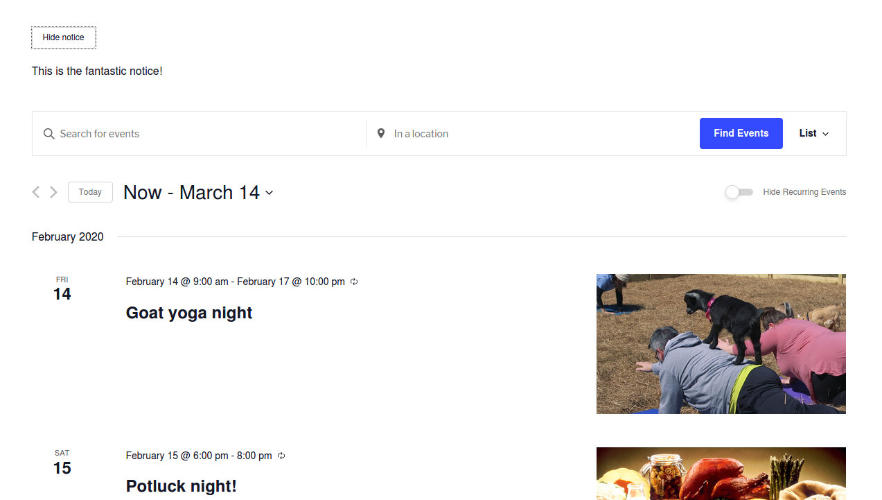 The notice toggle now appearing above the events bar in List View