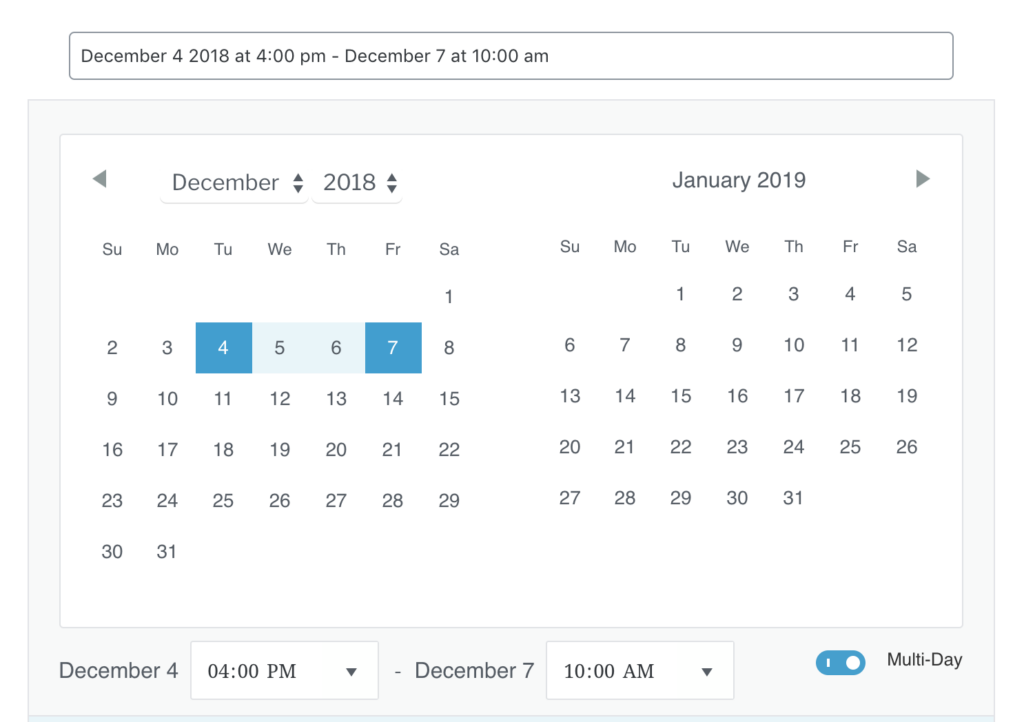 The Event Date Time block configured for a multi-day event