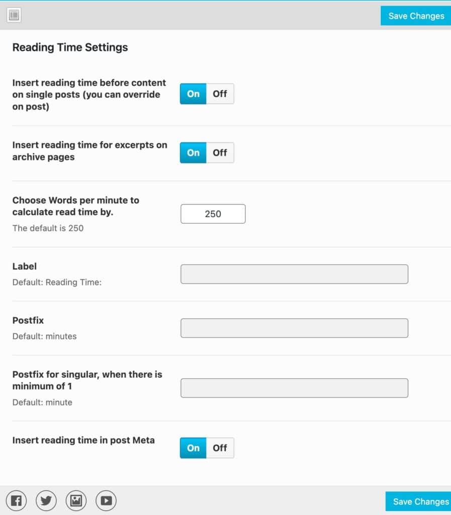 Kadence Reading Time Plugin Settings