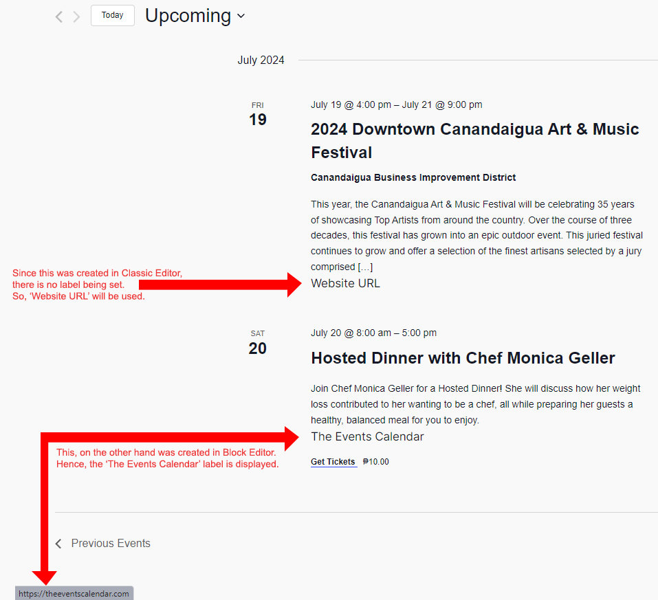 List View showing the event website URL link below the description