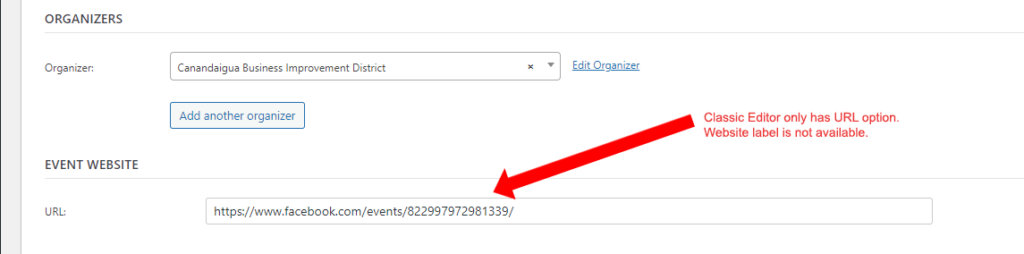 Classic Editor showing only the event website URL field without a label option