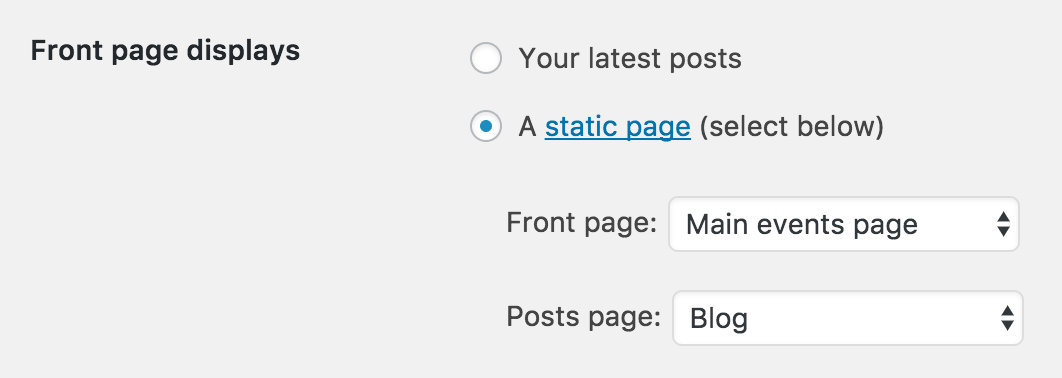 Main Events Page Homepage Setting