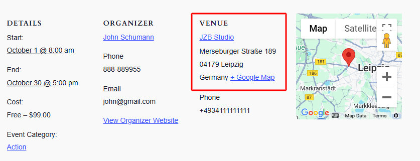 The reformatted venue address using the German address structure