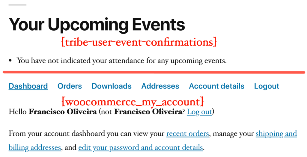 The 'no upcoming events' state of the shortcode