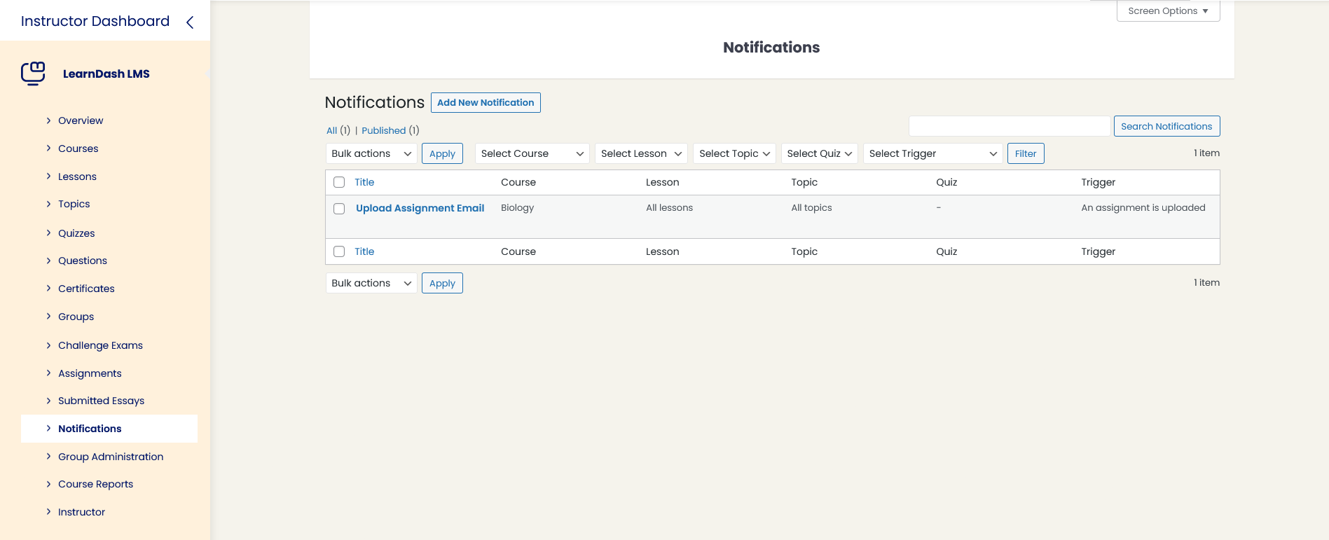 Notifications menu view on Instructor Dashboard