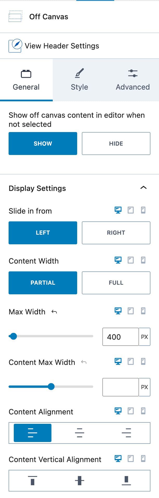 Off Canvas General Settings