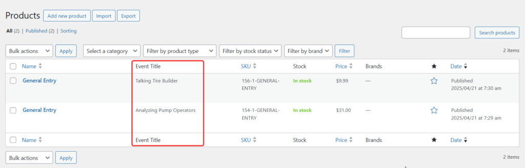 WooCommerce product list with the new 'Event Title' column displaying event names next to ticket products