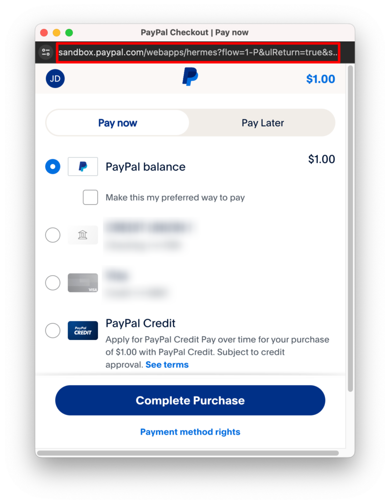 PayPal Sandbox purchase completion