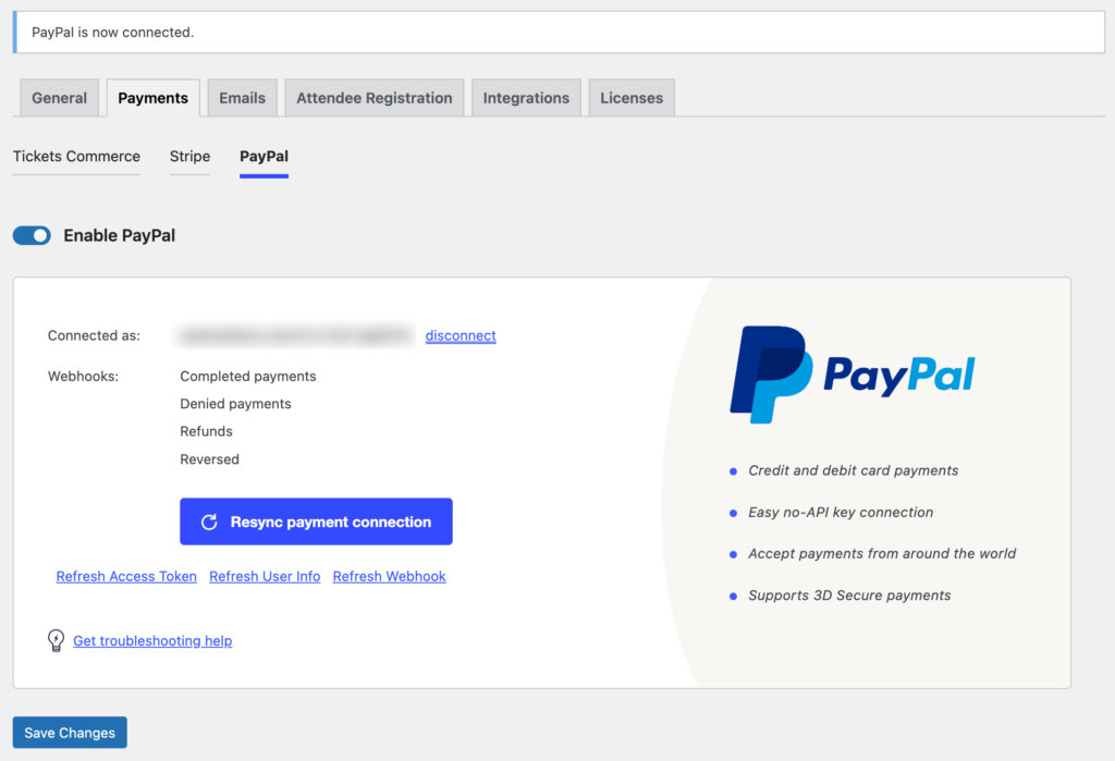 PayPal is now connected confirmation