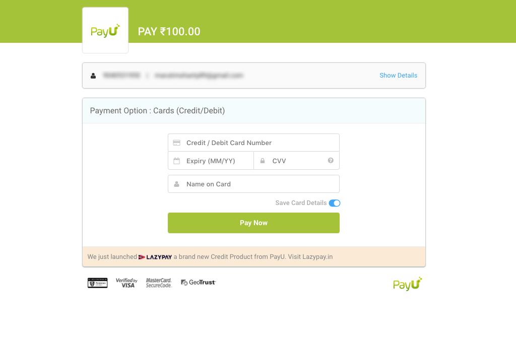 PayUmoney Payment Screen