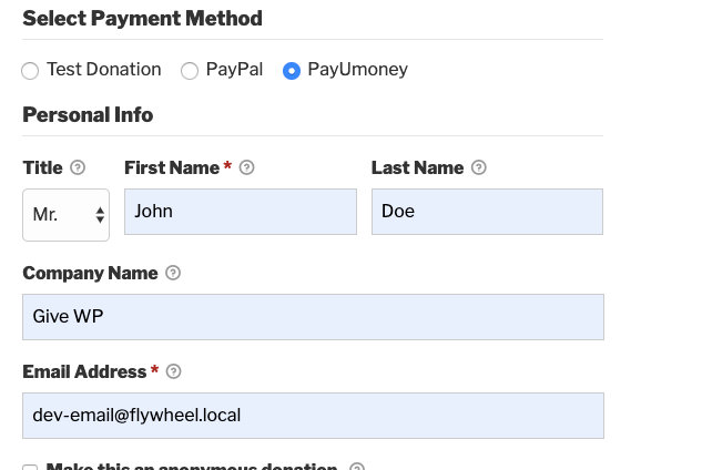 A donation form with PayUmoney enabled.