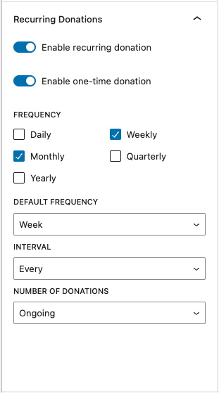 Recurring Donation options in the Donation Amount block settings