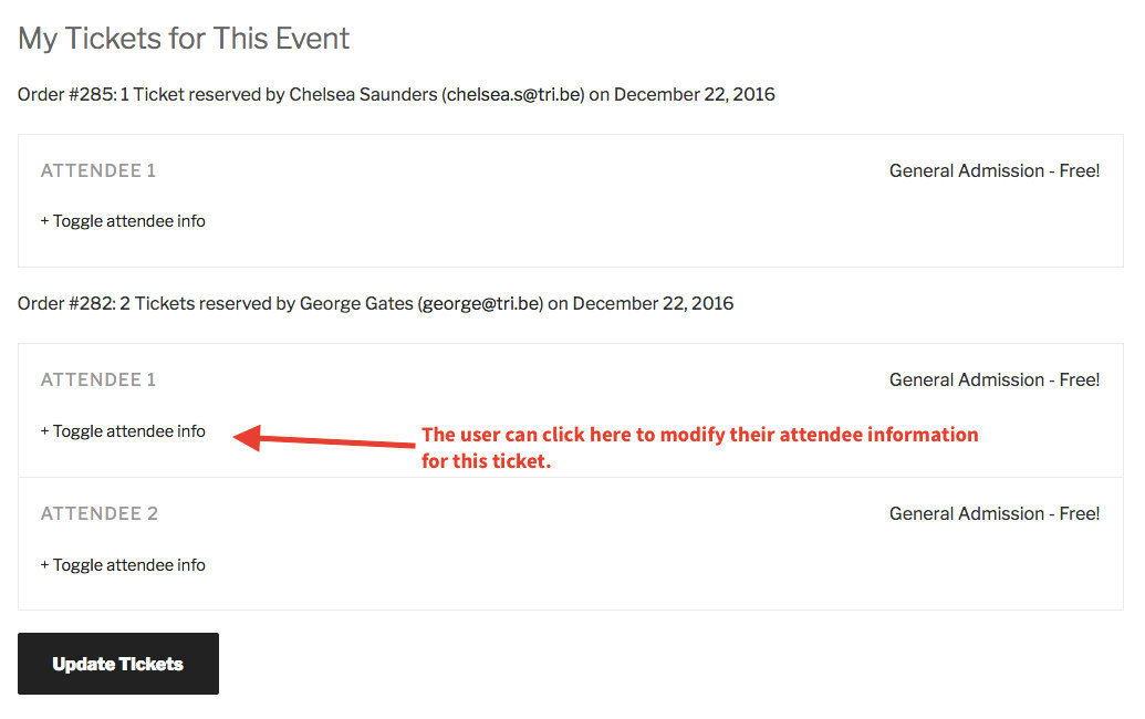 The frontend attendee information edit screen