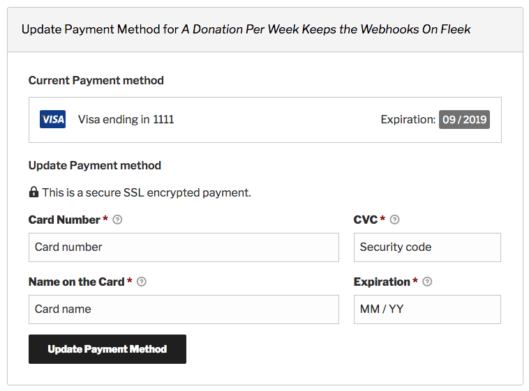 screenshot of the interface for updating card information. The current card is displayed at the top of the form, and the new card fields are displayed below it. 