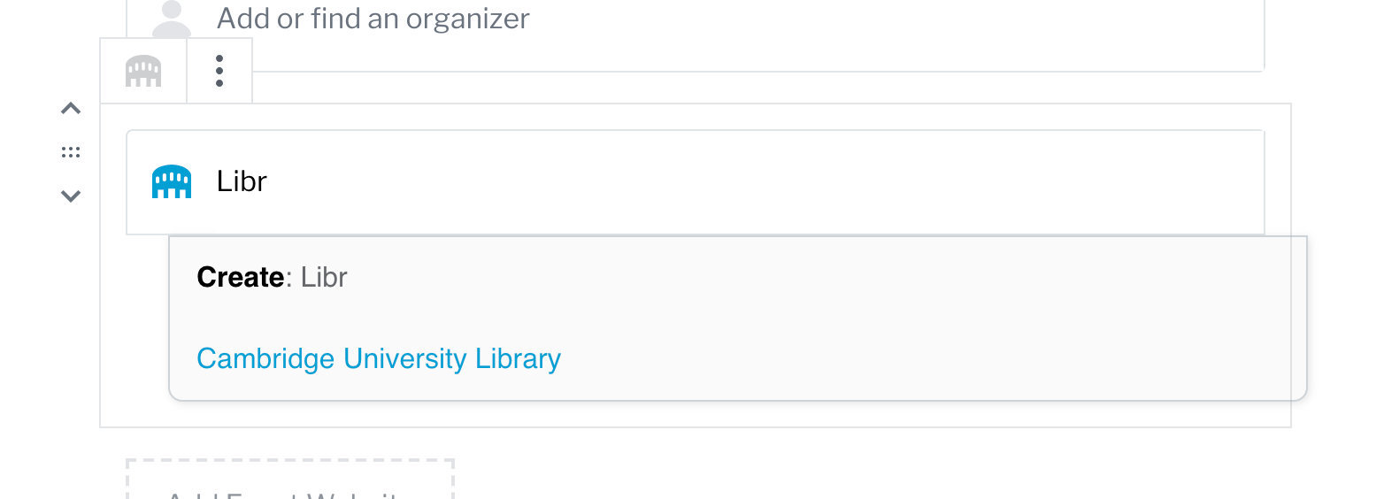 The Event Venue block showing venue search with autocomplete suggestions