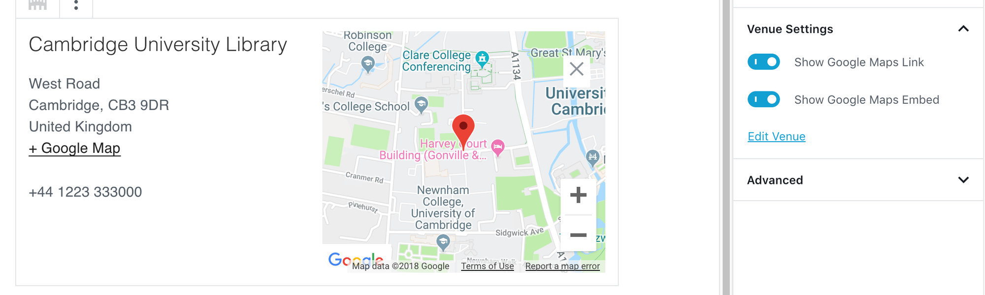 The Event Venue block preview showing the venue name and map link