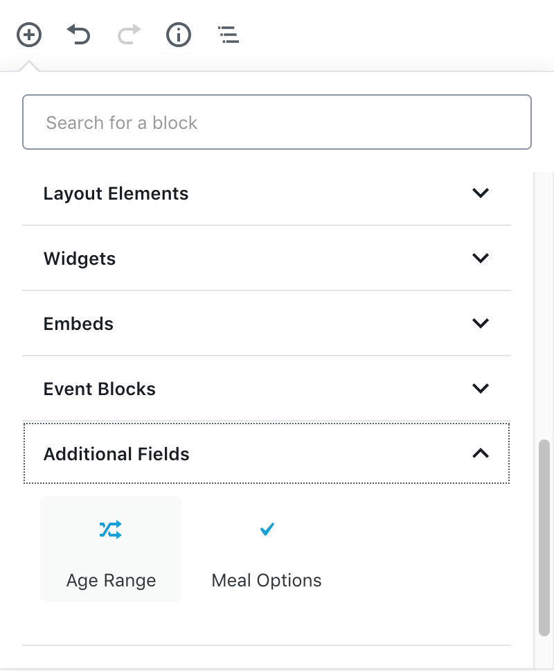 The block inserter showing Additional Fields blocks in their own section