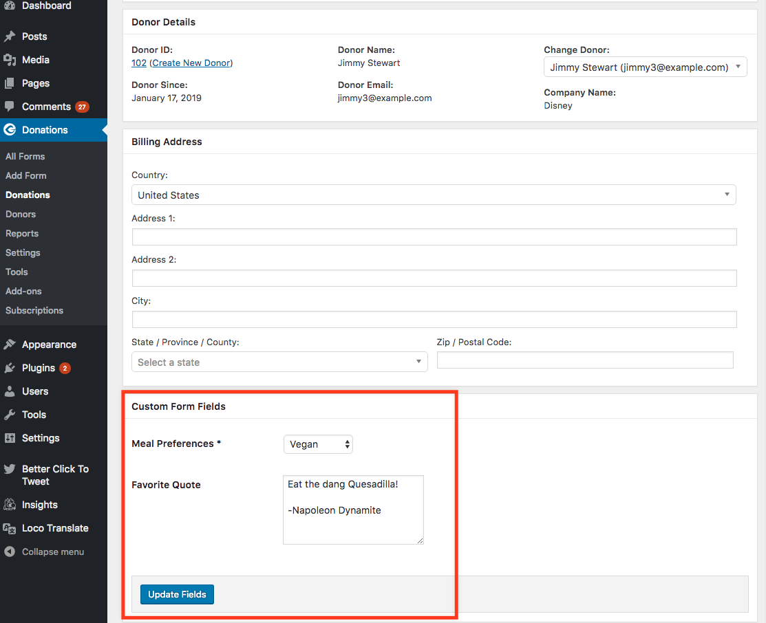 screenshot of the back end of an individual donation. Easter egg: donor's name is Jimmy Stewart. The Custom Fields section is called out with a red rectangle.