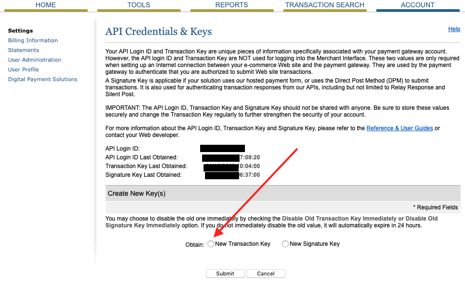 screenshot of the authorize.net interface with a large red arrow pointed at the transaction key option on the bottom of the page.