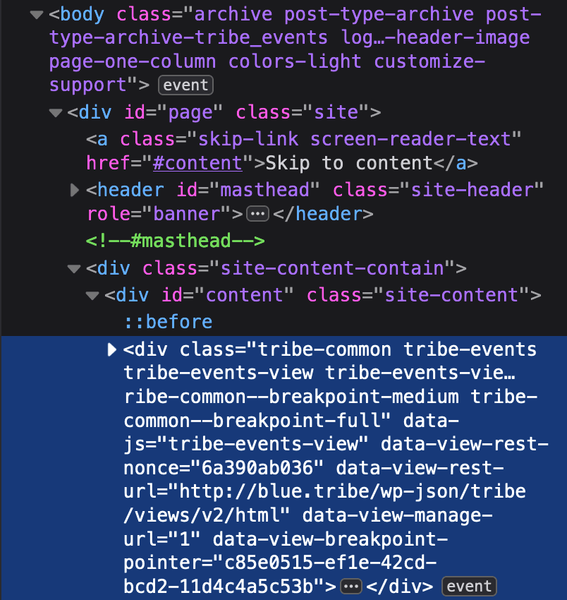 The calendar container div shown in browser developer tools, highlighting the view-specific CSS class