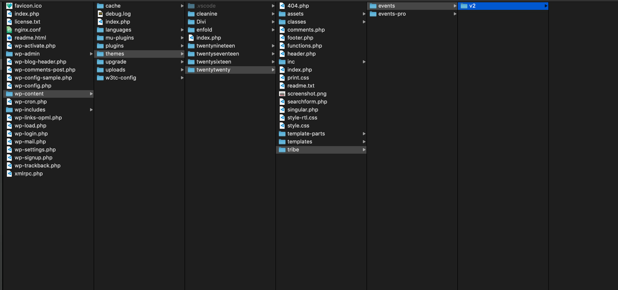 The correct folder structure for overriding a The Events Calendar template in a theme, showing tribe/events/v2/ containing view subfolders