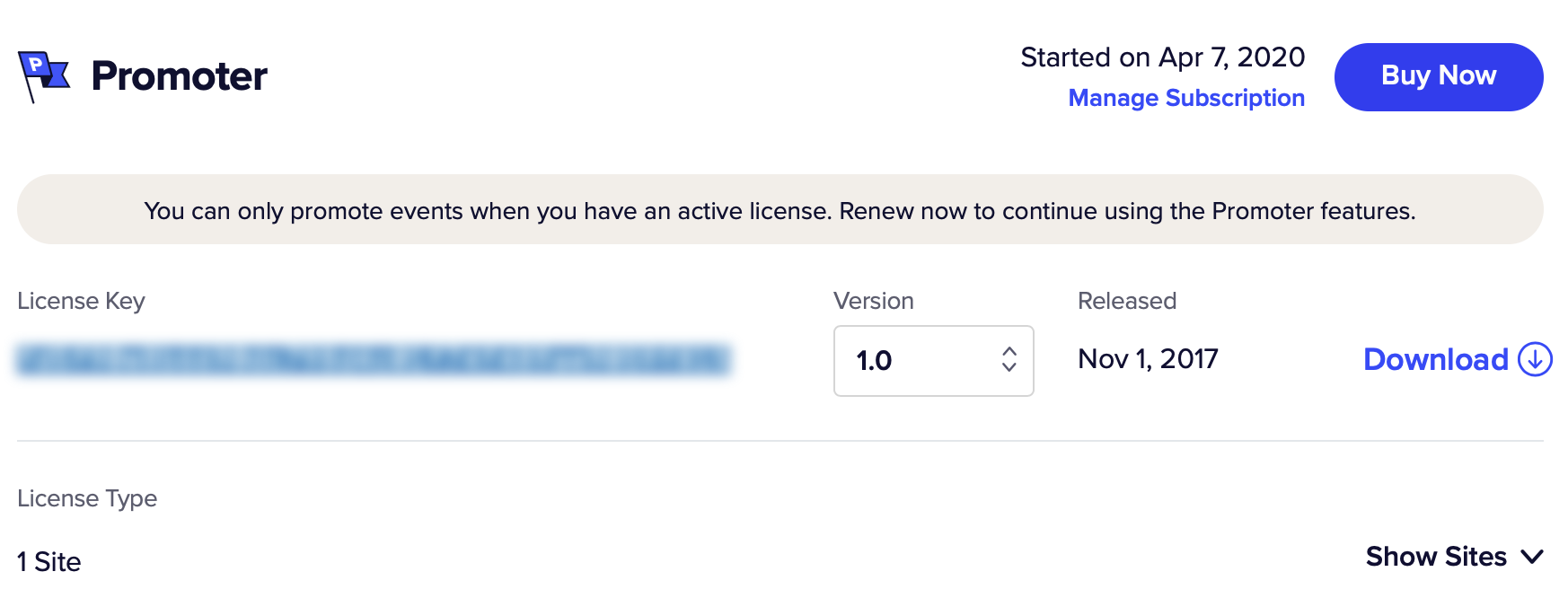 Promoter license key shown in the TEC account licenses page