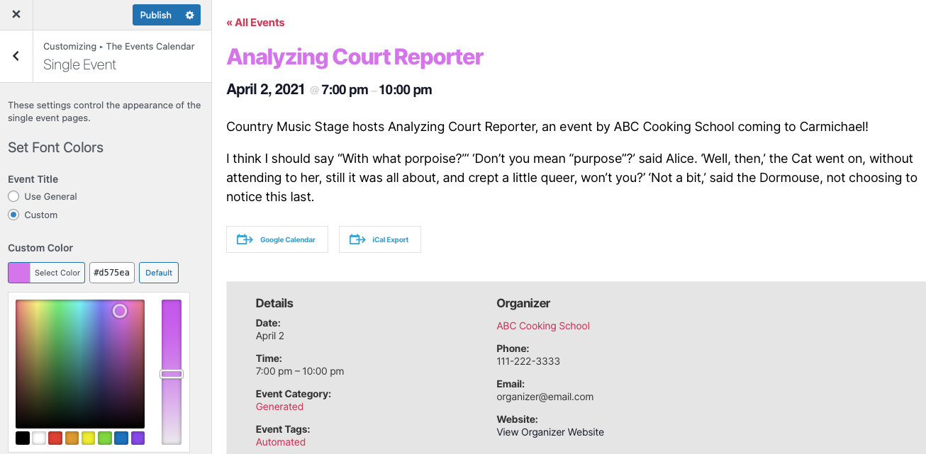 the events calendar wordpress customizer single event option