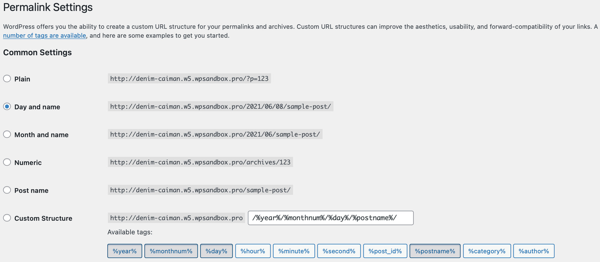 WordPress permalink settings showing the Day and name option selected