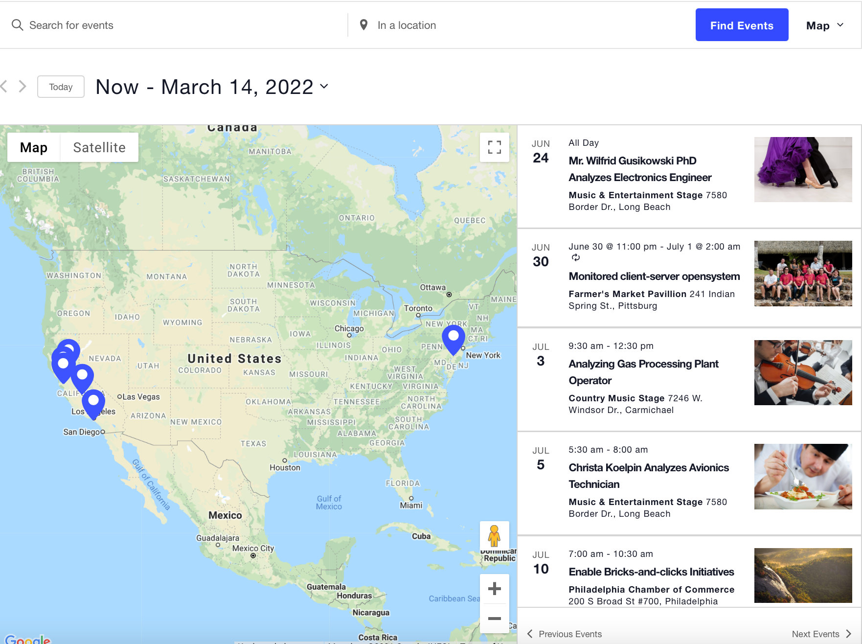 Map View showing all events plotted by venue location before a location search