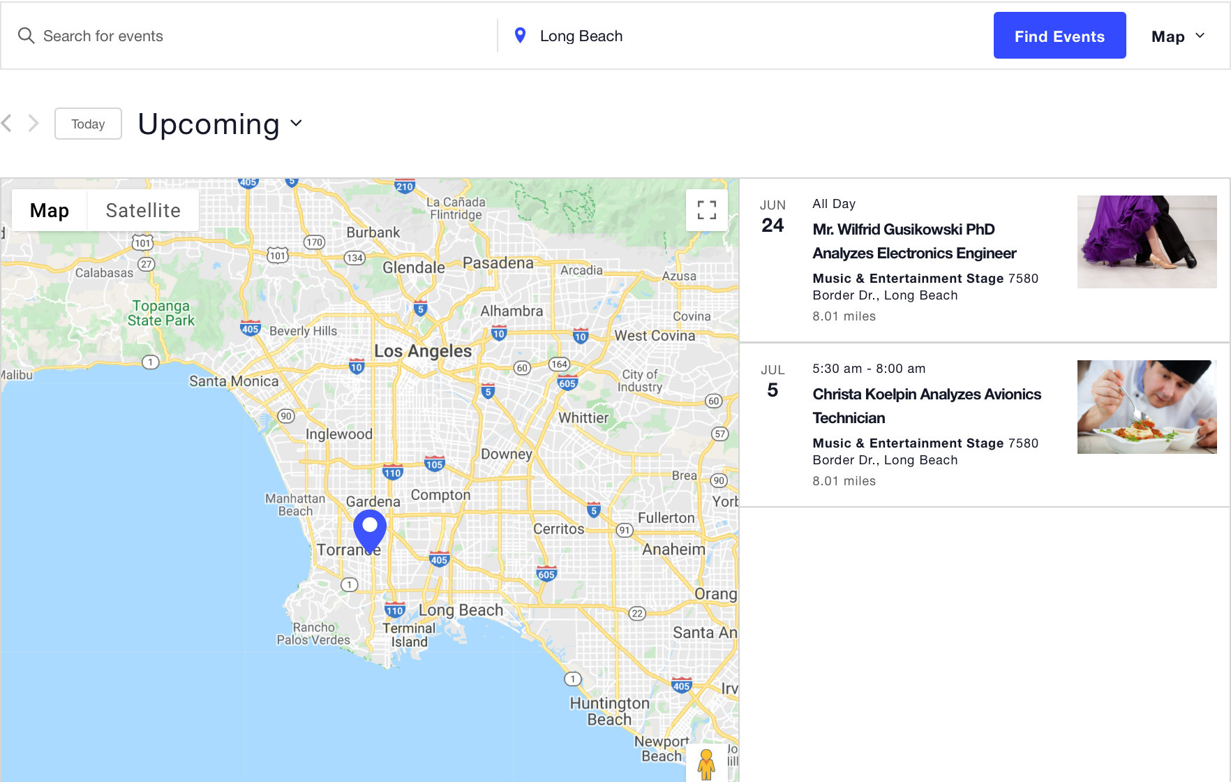 Map View after a location search showing only nearby events
