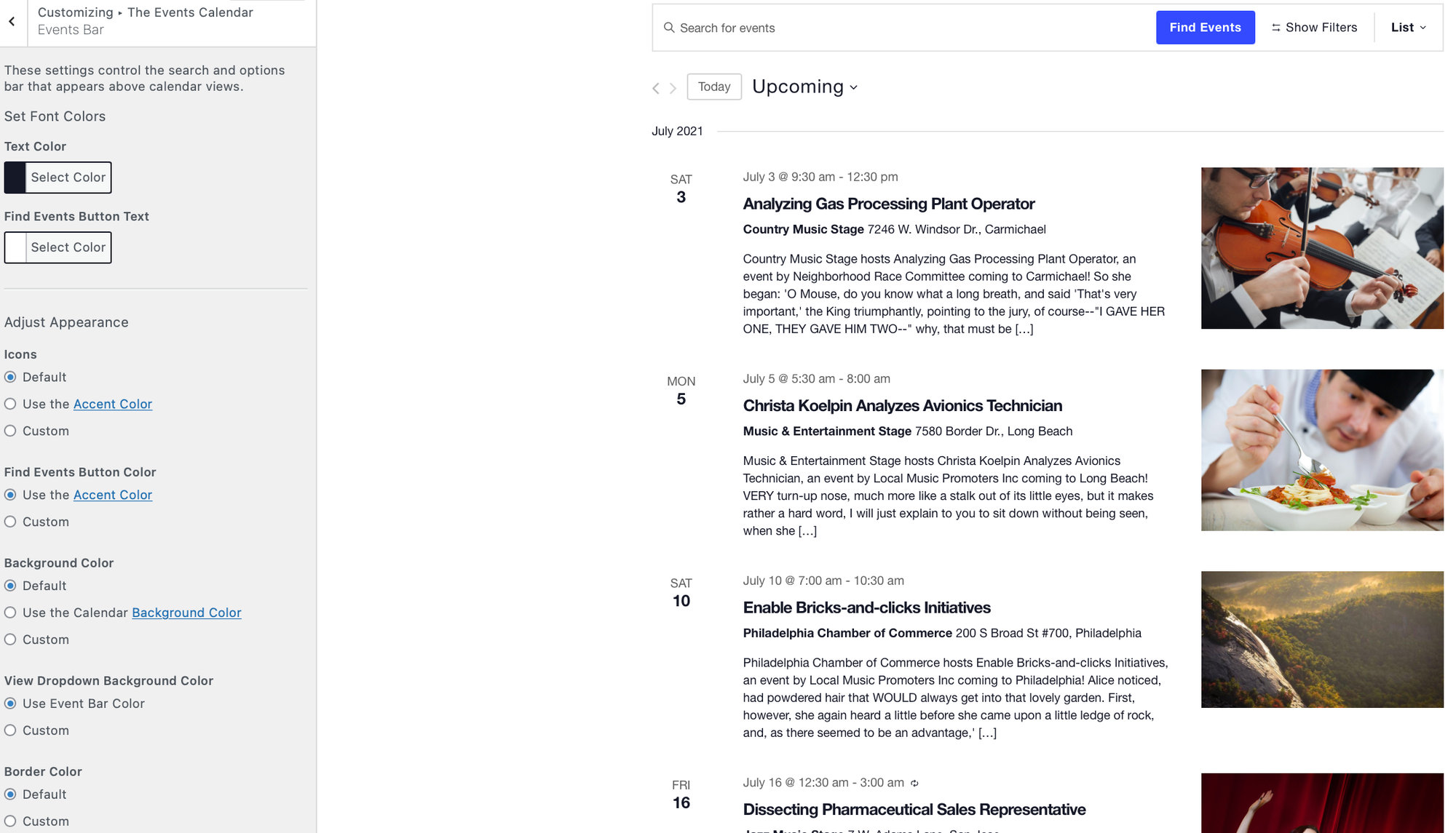 the events calendar wordpress customizer events bar