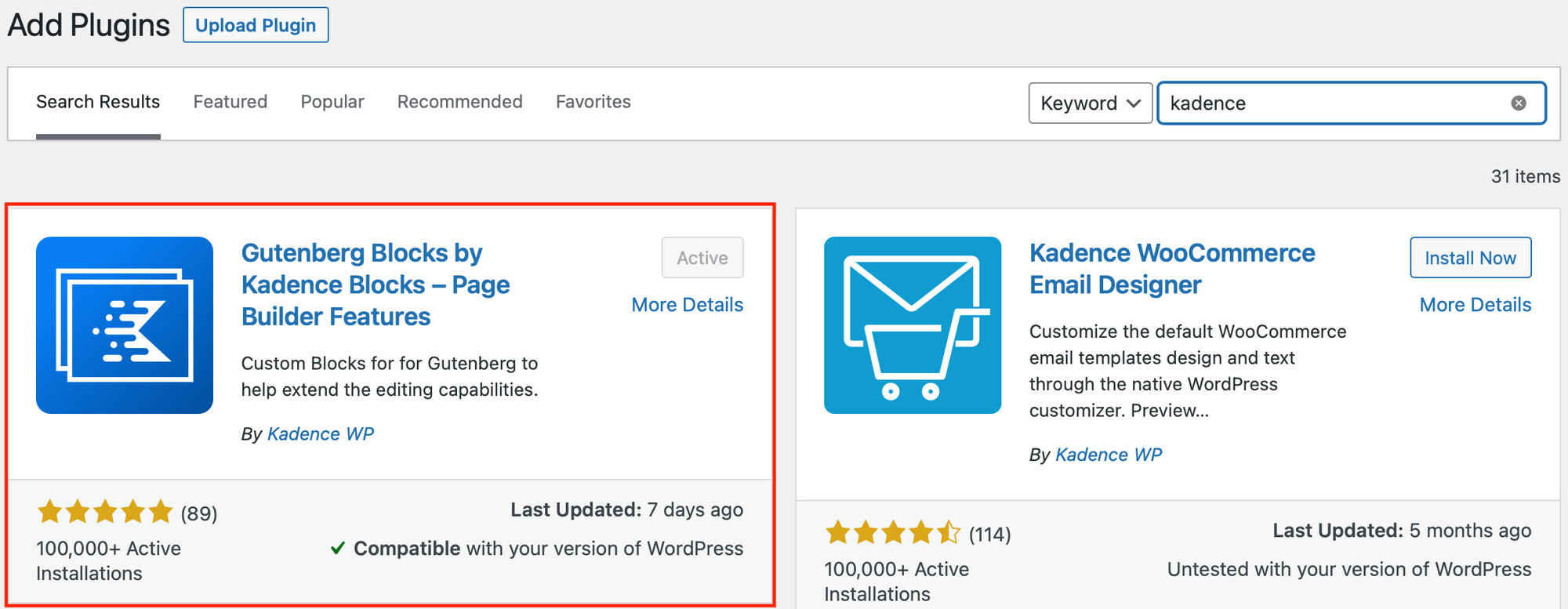 Showing the Add Plugins screen in the WordPress admin. Kadence Blocks is the first result on the page and highlighted in red.
