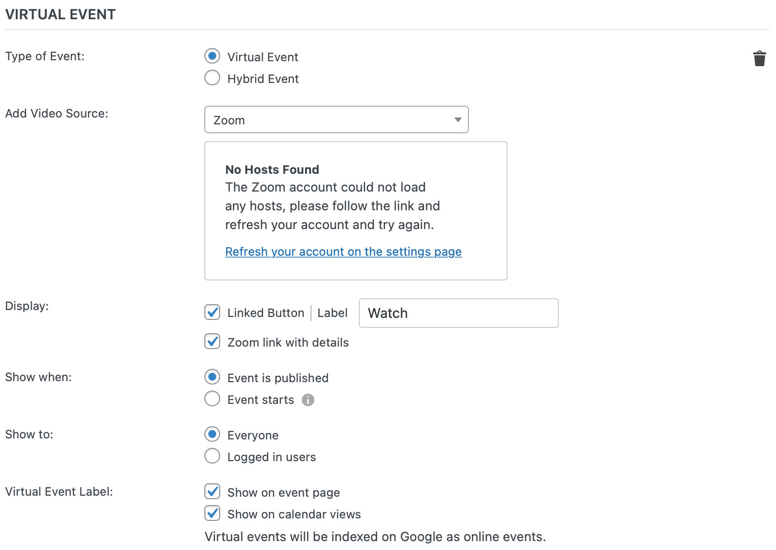 No Hosts Found message when generating a Zoom meeting link with Virtual Events 