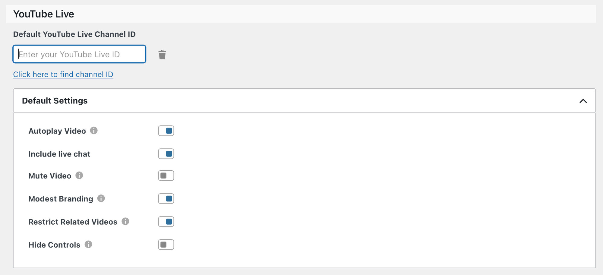 YouTube Live settings located under Events Settings > Integrations